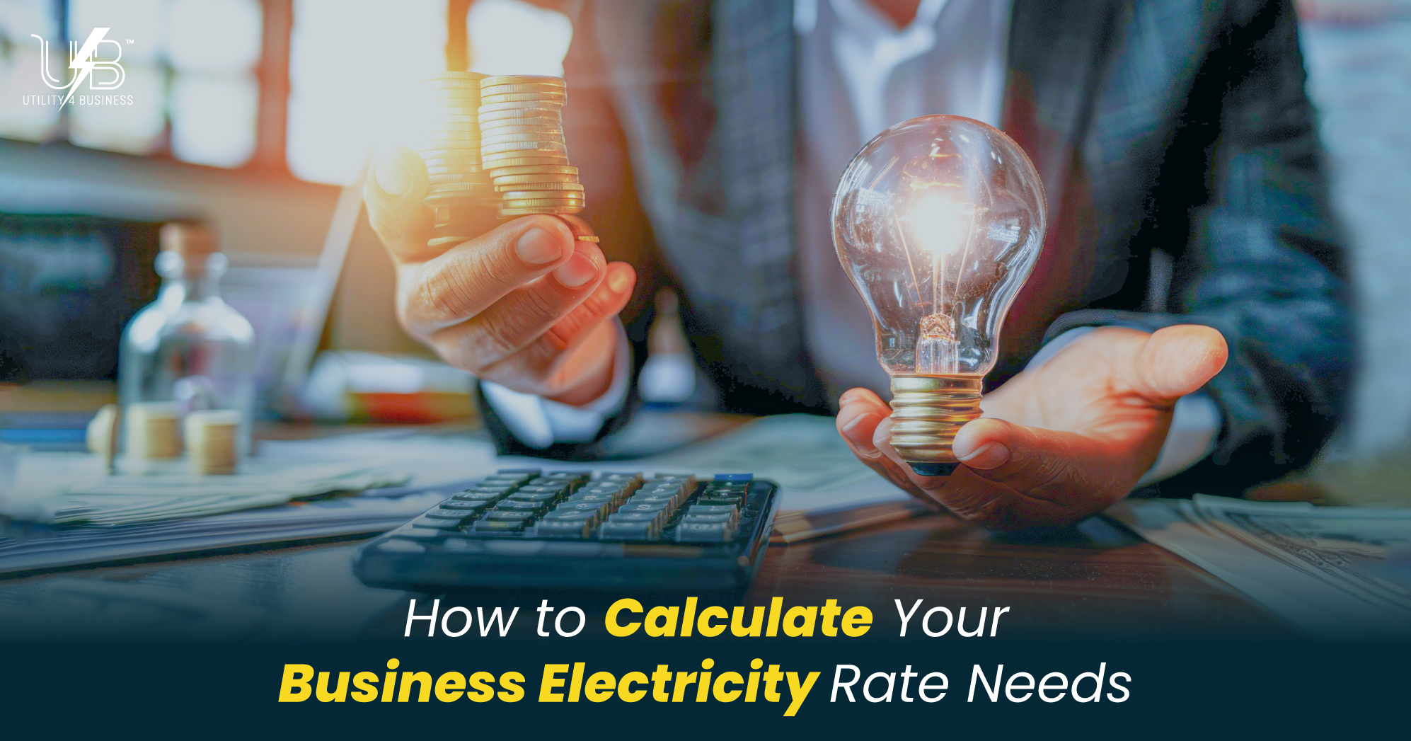 Business electricity rates calculator with lightbulb and coins showing energy cost savings for UK companies